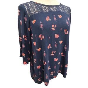 Size 18.5 Mudd Girls Boho Navy Blue Pink Print Blouse Shirt Lace